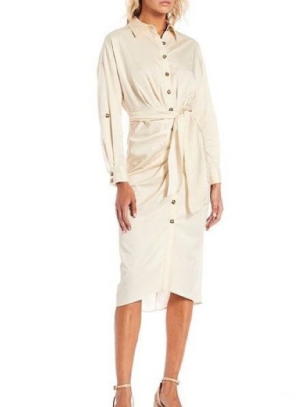 Antonio Melani Roxanne Beige Ruched Tie Waist Shirt Dress Size 0 Tan Midi Career